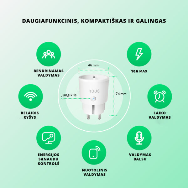 Išmanioji rozetė Wi-Fi, 10A 2300W, su energijos matavimu, TUYA, NOUS A8 - Image 3