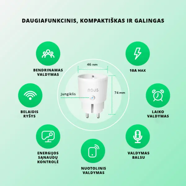 Išmanioji rozetė Wi-Fi, 10A 2300W, su energijos matavimu, TUYA, NOUS A8 - Image 3
