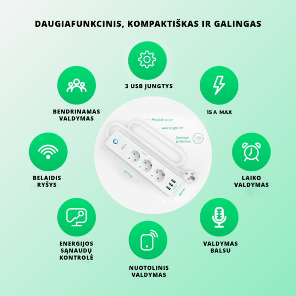 Išmanusis ilgiklis Wi-Fi, 15A 3450W, su energijos matavimu, TUYA, NOUS A5, "prailgintuvas", "prailgintojas" - Image 5